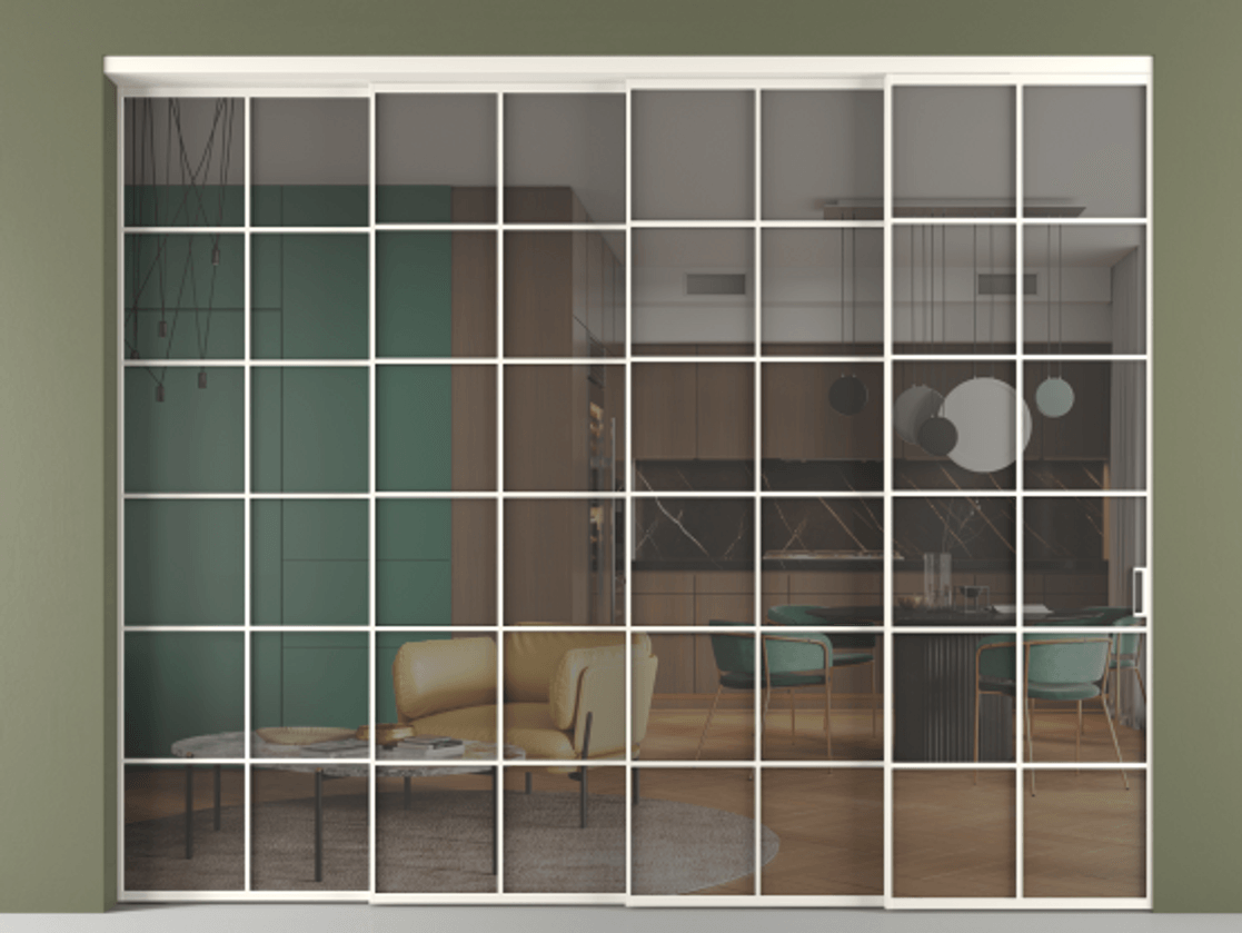 Перегородка Формато внутри проёма 4 створки с синхронным механизмом АЛПР 040.05 Алюминий пудровый белый Прозрачное серое стекло, триплекс Цена 99202040 so'm | Volhovec