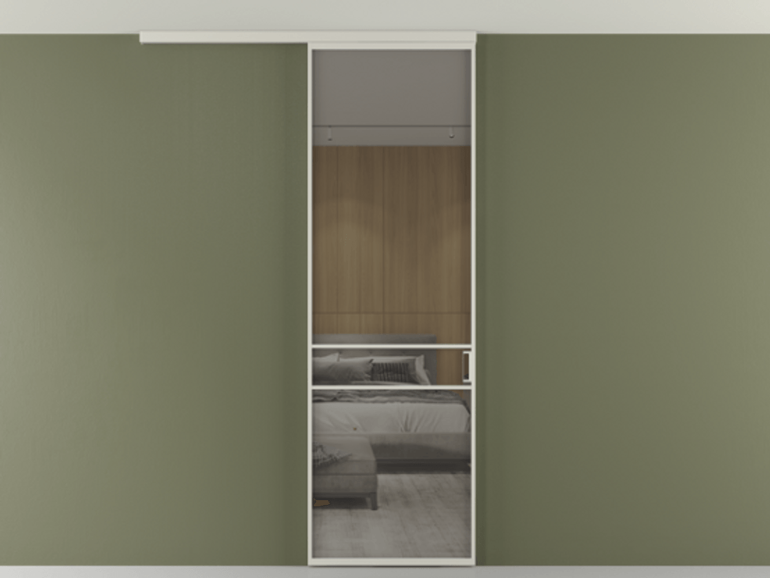 Перегородка Формато вдоль стены на потолок 1 створка АЛПР 040.02 Алюминий тёплый серый Рефлективное серое стекло "Стопсол", калёное Цена 25478530 so'm | Volhovec