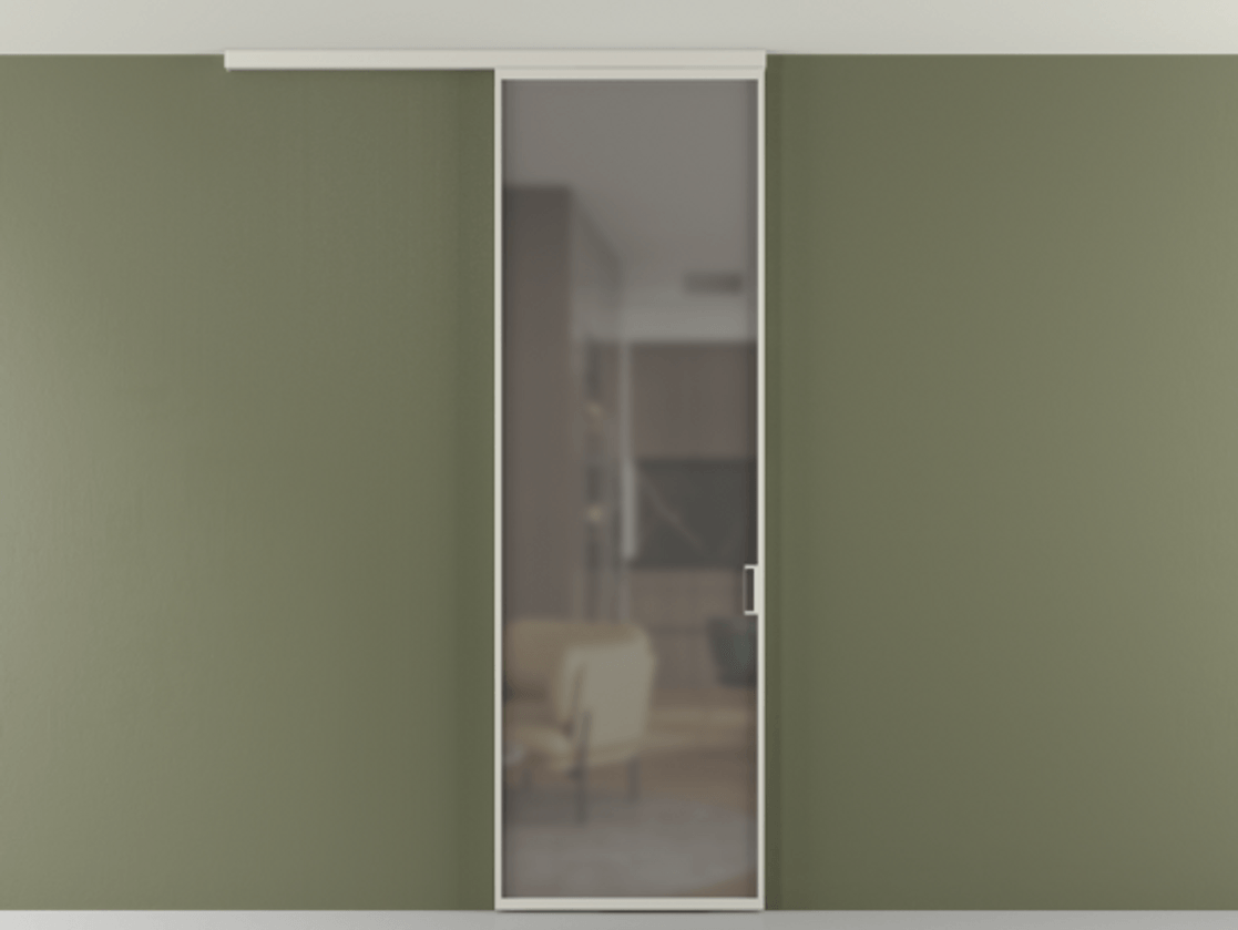 Перегородка Формато вдоль стены на потолок 1 створка АЛПР 040.01 Алюминий тёплый серый Сатинированное серое стекло, триплекс Цена 18757810 so'm | Volhovec