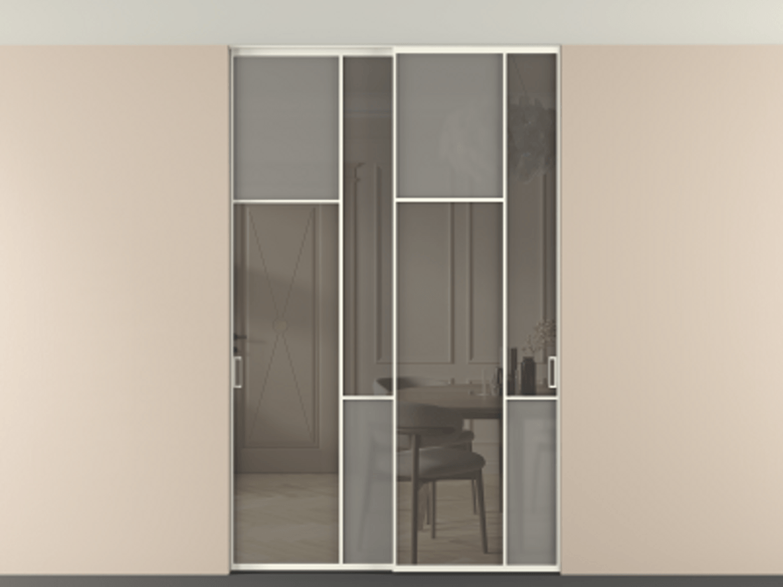 Перегородка Мозаик внутри проёма скрытое крепление в потолок 2 створки АЛПР 041.10 Алюминий жемчужный Сатинированное серое стекло, триплекс, 6 мм + Прозрачное серое стекло, триплекс Цена 65889740 so'm | Volhovec