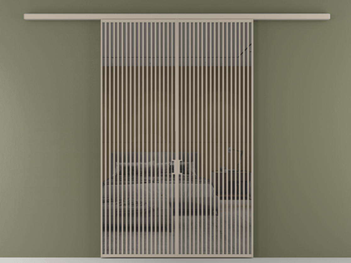 Перегородка Formato вдоль стены 2 створки АЛПР 040.06 Алюминий бисквитный Рефлективное серое стекло "Stopsol", калёное Цена 90335000 so'm | Volhovec