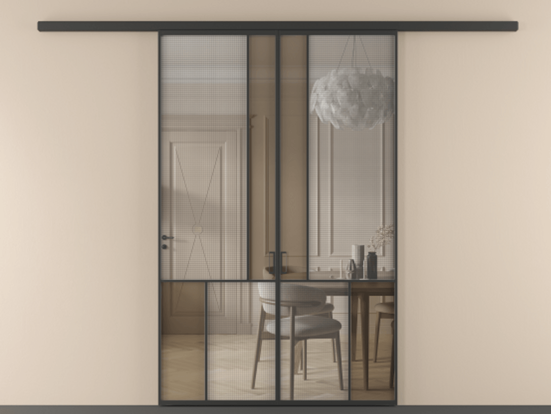 Перегородка Mosaic вдоль стены двустворчатая АЛПР 041.20 Алюминий Черный Декоративное стекло с сеткой "Mesh silver", триплекс, 6 мм + Прозрачное бронзовое стекло, триплекс, 6 мм. Скрытый короб ЧЕР Цена 51066680 so'm . Фабрика дверей Волховец 8 (800) 551 43 19 Перегородка Mosaic вдоль стены двустворчатая АЛПР 041.20 Алюминий Черный Декоративное стекло с сеткой "Mesh silver", триплекс, 6 мм + Прозрачное бронзовое стекло, триплекс, 6 мм Цена 51066680 so'm | Volhovec