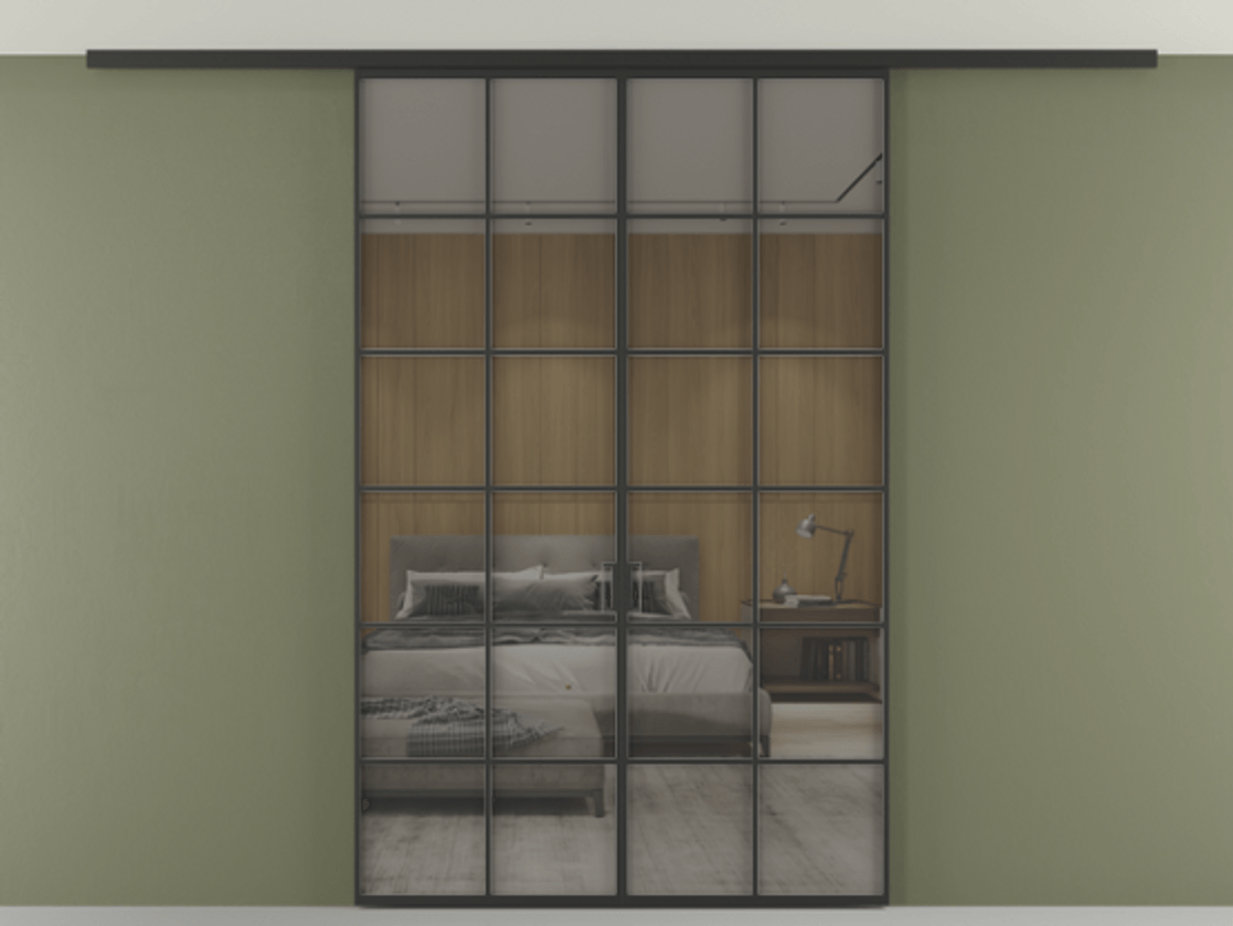 Перегородка Формато вдоль стены на потолок 2 створки АЛПР 040.05 Алюминий Черный Рефлективное серое стекло "Стопсол", калёное Цена 50989540 so'm | Volhovec