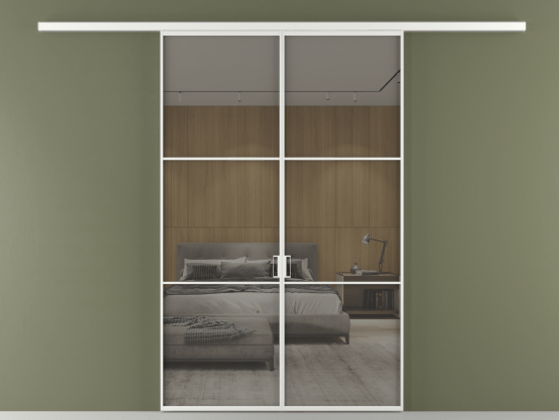 Перегородка Formato вдоль стены 2 створки АЛПР 040.03 Алюминий белоснежный Рефлективное серое стекло "Stopsol", калёное Цена 50547000 so'm | Volhovec