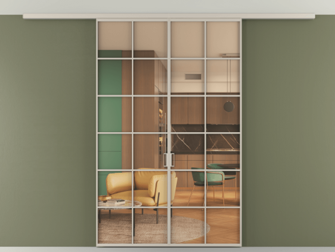 Перегородка Формато вдоль стены на потолок 2 створки АЛПР 040.05 Алюминий светло-бежевый Прозрачное оранжевое стекло, триплекс Цена 40495460 so'm | Volhovec