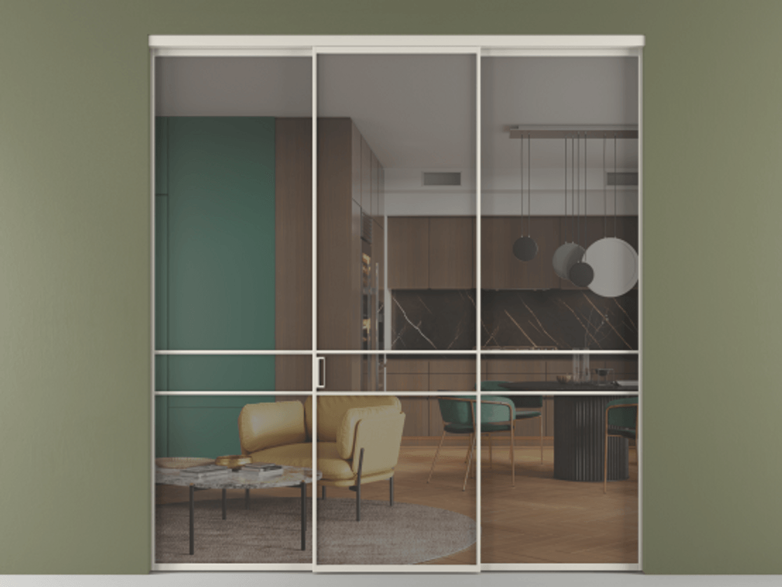 Перегородка Формато внутри проёма 3 створки АЛПР 040.02 Алюминий облачно-серый Рефлективное серое стекло "Стопсол", калёное Цена 64472800 so'm | Volhovec