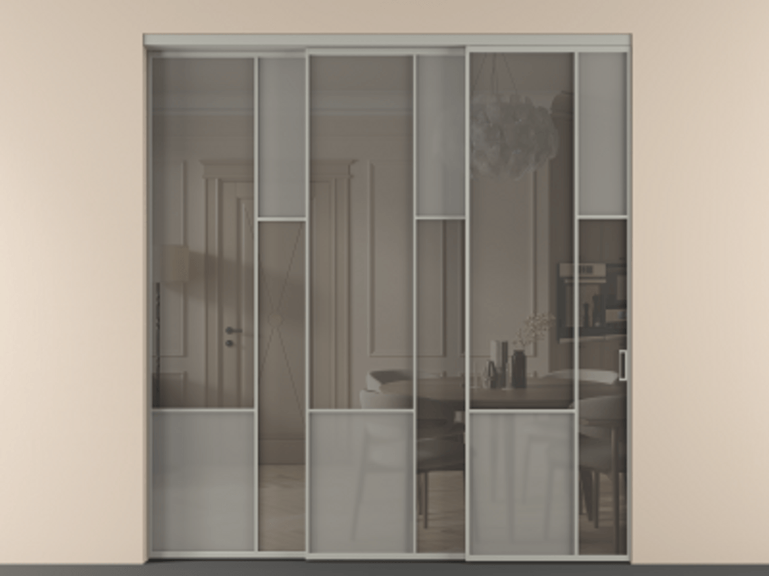 Перегородка Мозаик внутри проёма 3 створки с синхронным механизмом АЛПР 041.12 Алюминий нейтральный серый Сатинированное серое стекло, триплекс, 6 мм + Прозрачное серое стекло, триплекс Цена 22800 AZE | Volhovec