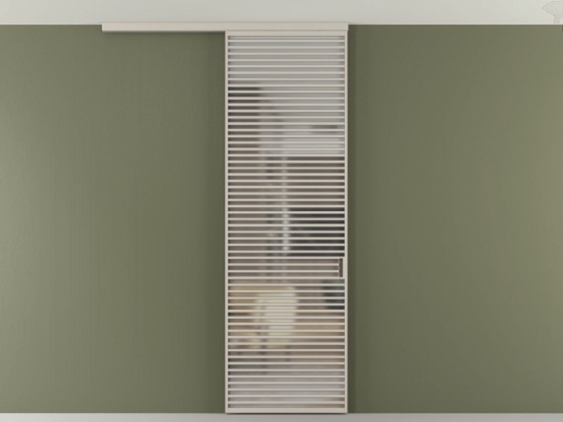 Перегородка Формато вдоль стены на потолок 1 створка АЛПР 040.07 Алюминий светло-бежевый Сатинированное стекло "Мателюкс Кристал Вижн", калёное, матовое, каленое 6 мм Цена 39306480 so'm | Volhovec