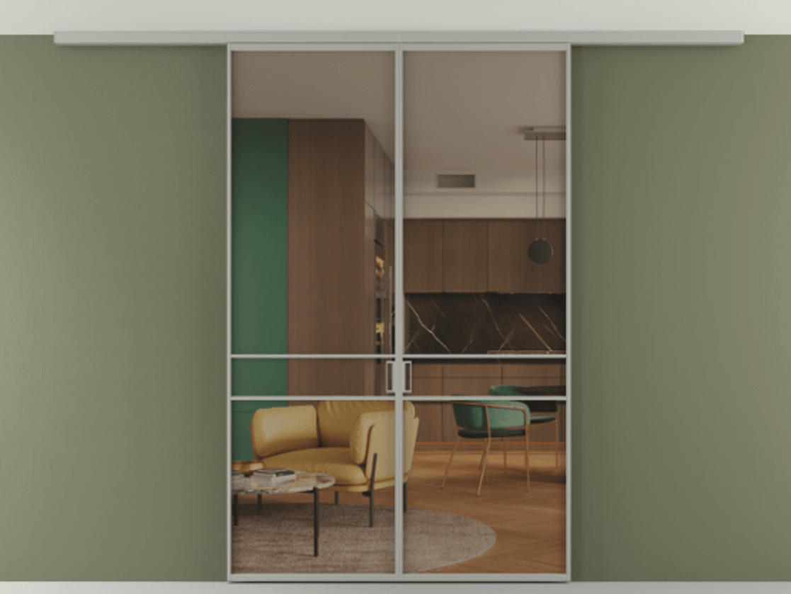 Перегородка Формато вдоль стены на потолок 2 створки АЛПР 040.02 Алюминий нейтральный серый Прозрачное бронзовое стекло, триплекс Цена 37882850 so'm | Volhovec