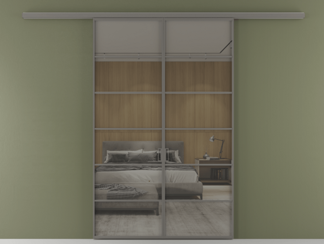 Перегородка Формато вдоль стены 2 створки АЛПР 040.04 Алюминий классический серый Рефлективное серое стекло "Стопсол", калёное Цена 264600 ₽ | Volhovec