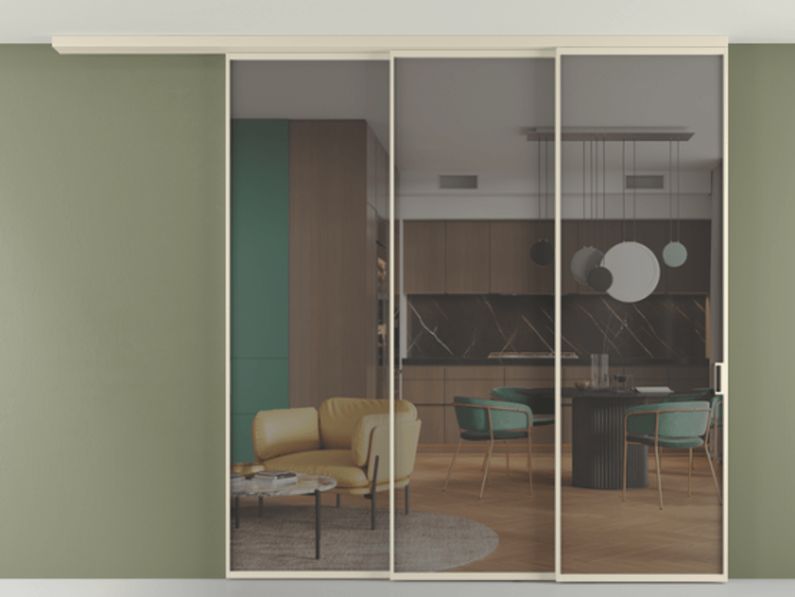 Перегородка Формато вдоль стены на потолок 3 створки с синхронным механизмом АЛПР 040.01 Алюминий бежево-серый Прозрачное серое стекло, триплекс Цена 77567920 so'm | Volhovec