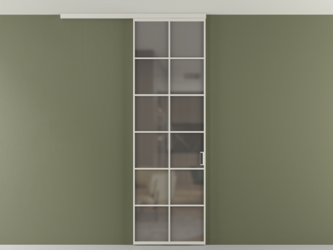 Перегородка Формато вдоль стены на потолок 1 створка АЛПР 040.05 Алюминий тёплый серый Сатинированное серое стекло, триплекс Цена 20968480 so'm | Volhovec