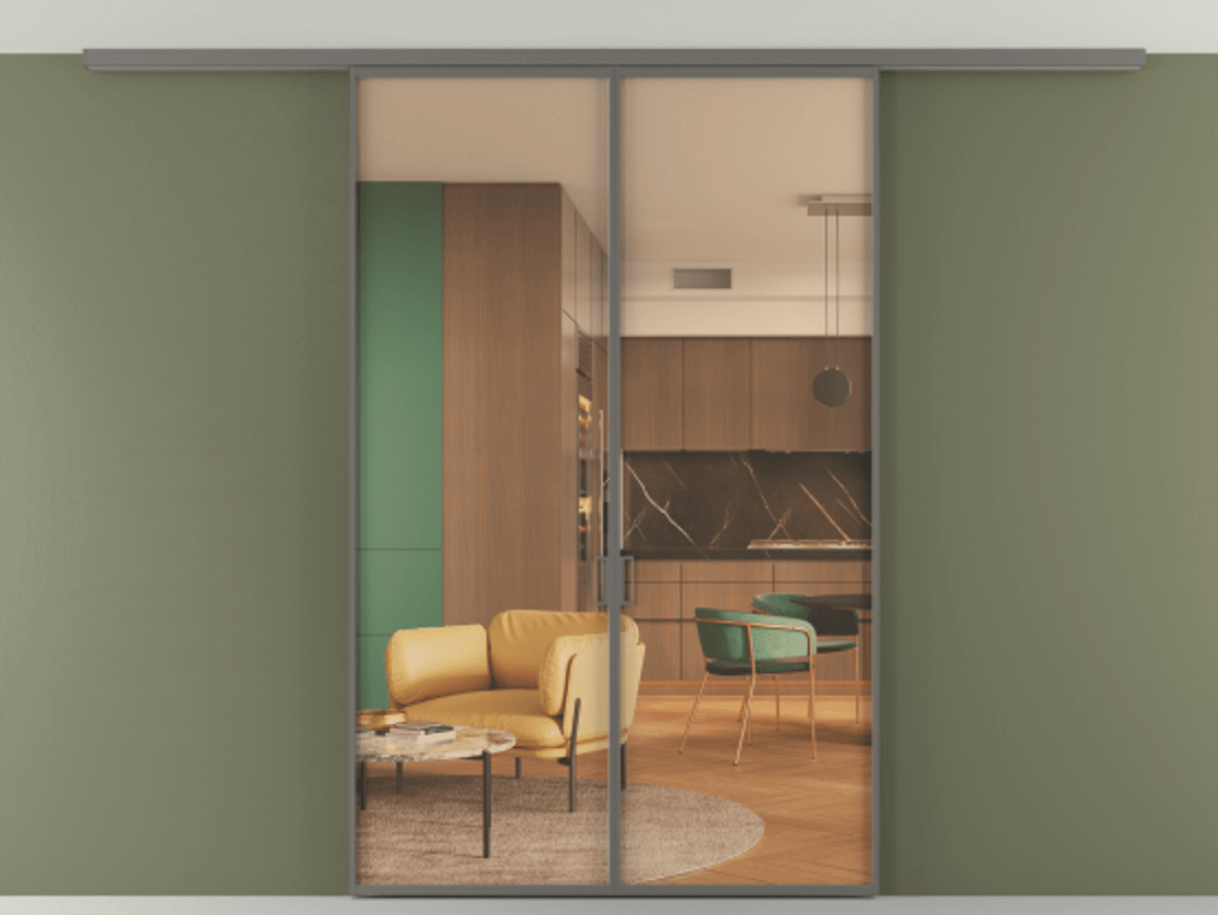 Перегородка Формато вдоль стены на потолок 2 створки АЛПР 040.01 Алюминий классический серый Прозрачное оранжевое стекло, триплекс Цена 37630550 so'm | Volhovec