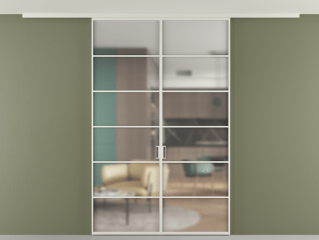 Перегородка Формато вдоль стены на потолок 2 створки АЛПР 040.04 Алюминий Белый Сатинированное стекло "Мателюкс Кристал Вижн", калёное, матовое, каленое 6 мм Цена 50989540 so'm | Volhovec