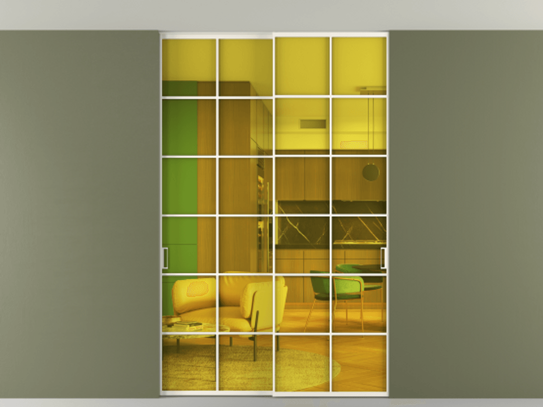 Перегородка Formato внутри проёма скрытое крепление в потолок 2 створки АЛПР 040.05 Алюминий пудровый белый Прозрачное жёлтое стекло, триплекс Цена 53000260 so'm | Volhovec