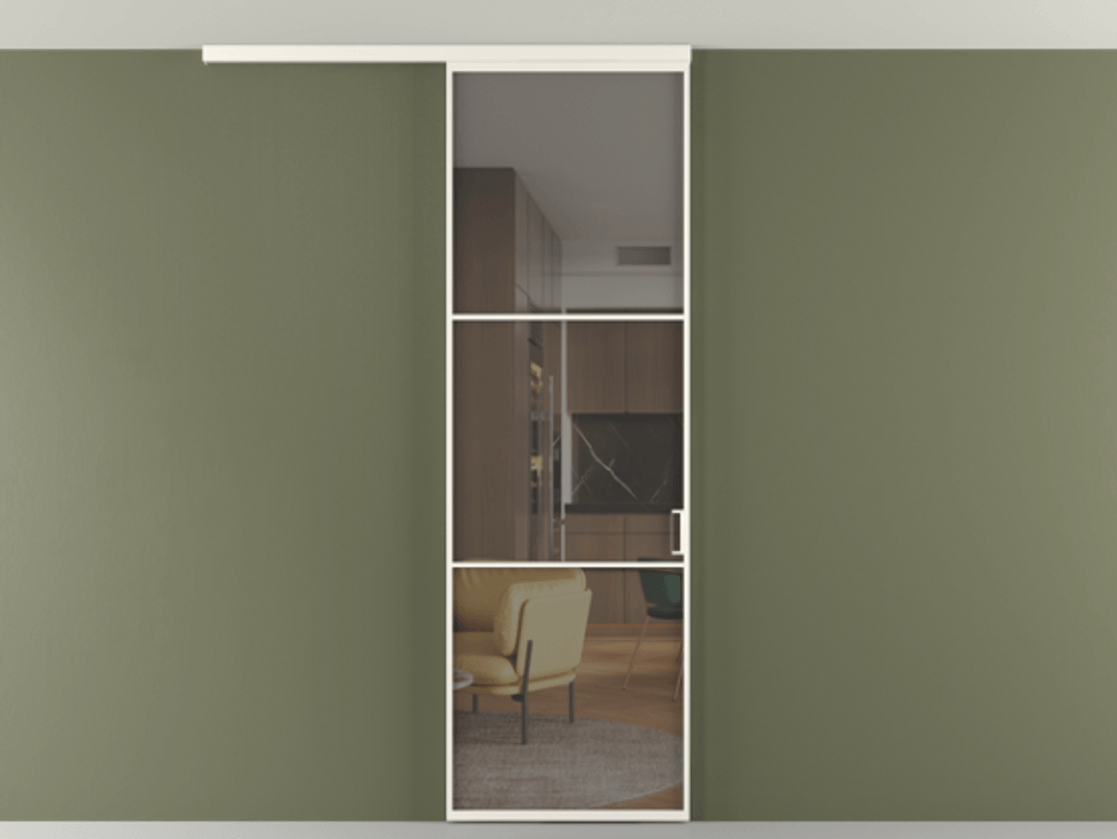 Перегородка Формато вдоль стены на потолок 1 створка АЛПР 040.03 Алюминий пудровый белый Прозрачное серое стекло, триплекс Цена 19662170 so'm | Volhovec