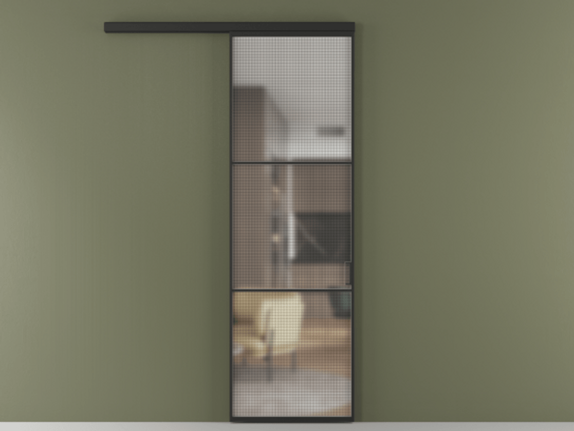 Перегородка Formato вдоль стены 1 створка АЛПР 040.03 Алюминий Черный Декоративное стекло с сеткой "Mesh silver", триплекс Цена 21984900 so'm  | Volhovec