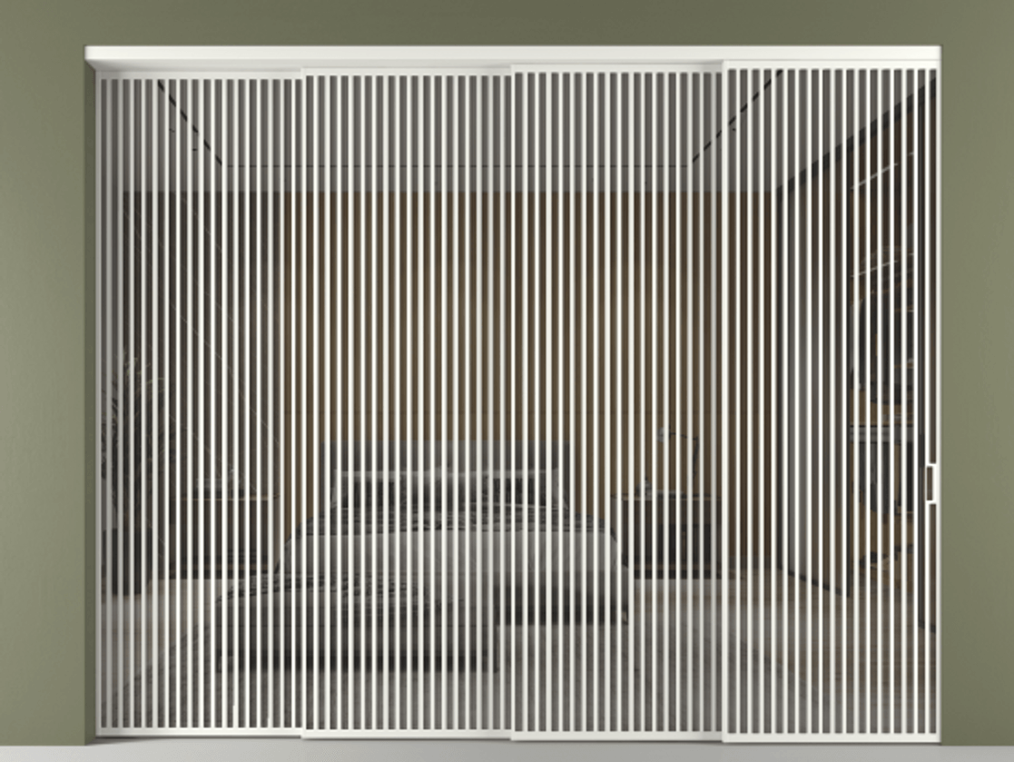 Перегородка Формато внутри проёма 4 створки с синхронным механизмом АЛПР 040.06 Алюминий светло-серый Рефлективное серое стекло "Стопсол", калёное Цена 162992760 so'm | Volhovec