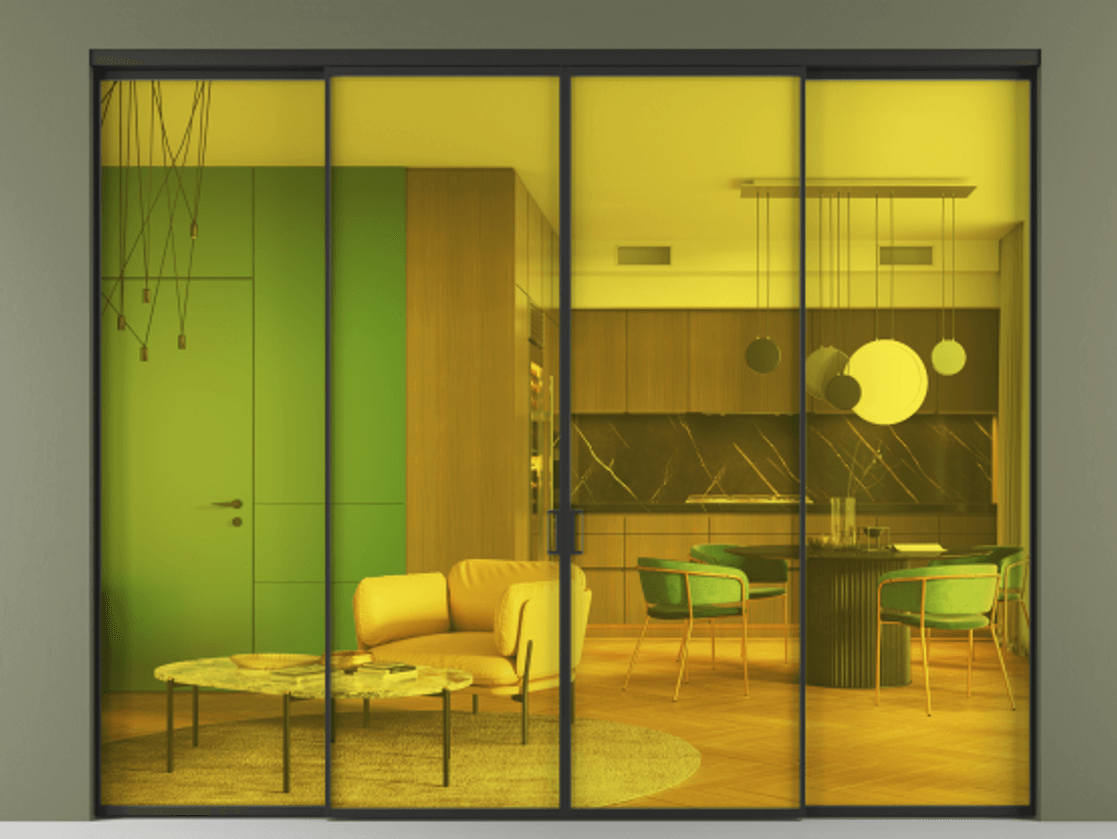 Перегородка Формато внутри проёма 4 створки АЛПР 040.01 Алюминий Черный Прозрачное жёлтое стекло, триплекс Цена 62394080 so'm  | Volhovec