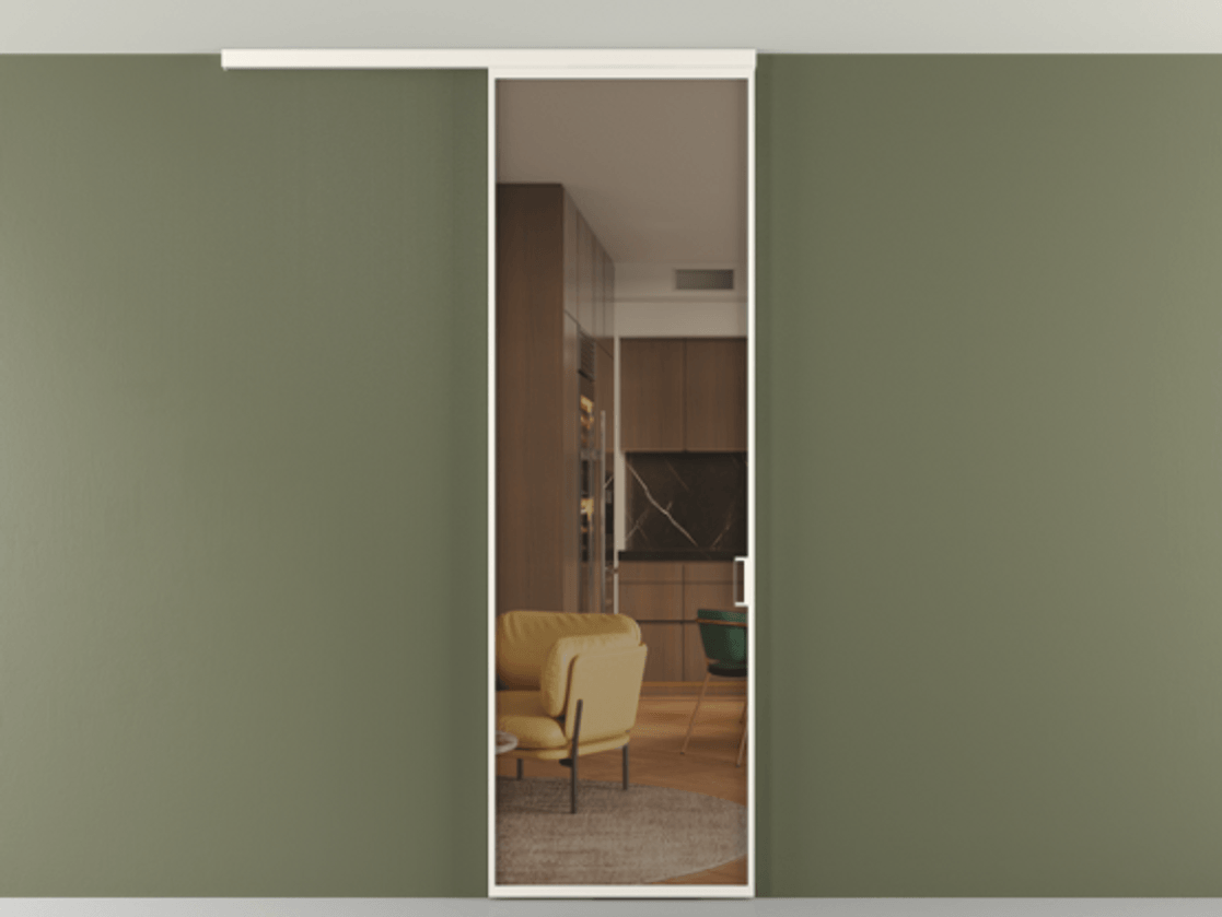 Перегородка Формато вдоль стены на потолок 1 створка АЛПР 040.01 Алюминий пудровый белый Прозрачное бронзовое стекло, триплекс Цена 18757810 so'm | Volhovec