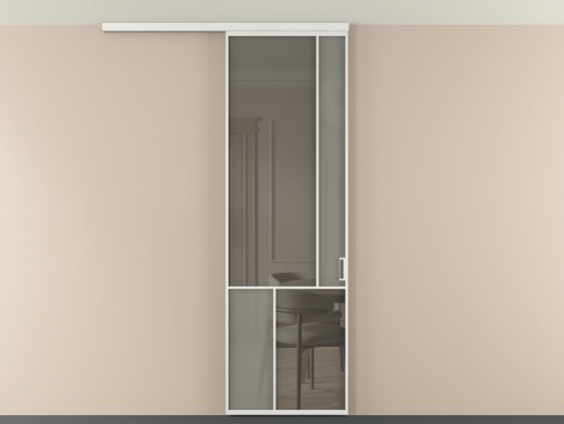 Перегородка Мозаик вдоль стены на потолок 1 створка АЛПР 041.21 Алюминий белоснежный Сатинированное серое стекло, триплекс, 6 мм + Прозрачное серое стекло, триплекс Цена 27413120 so'm | Volhovec