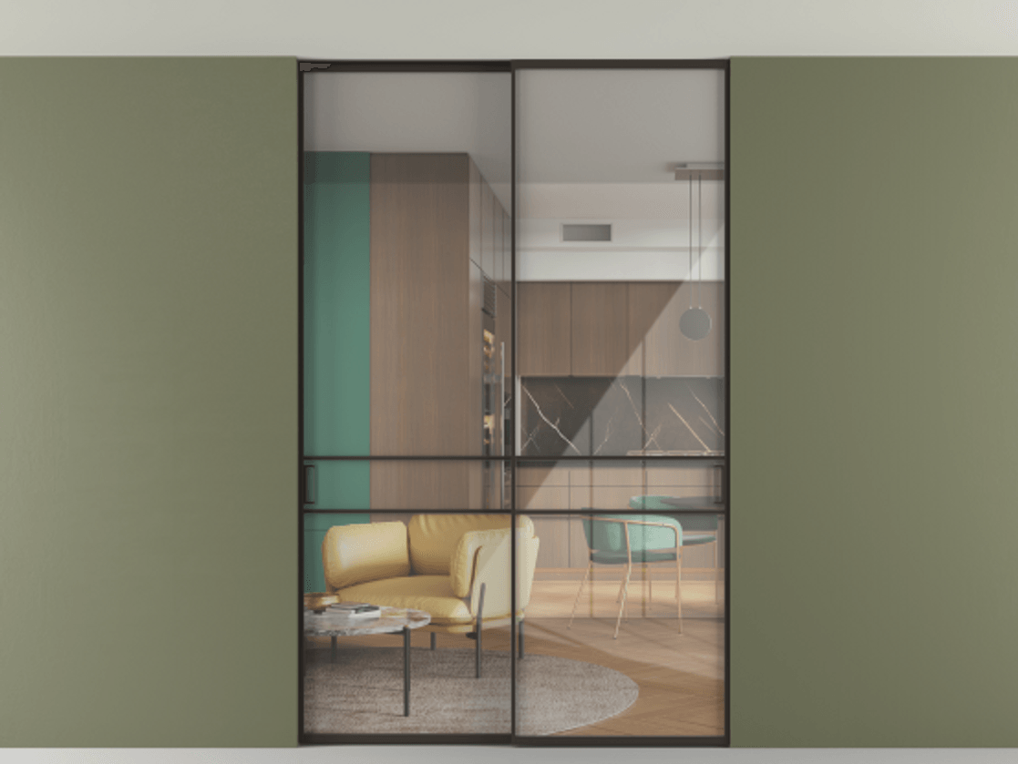 Перегородка Formato внутри проёма скрытое крепление в потолок 2 створки АЛПР 040.02 Алюминий антрацит Рефлективное прозрачное стекло "Stopsol", калёное Цена 62020560 so'm | Volhovec