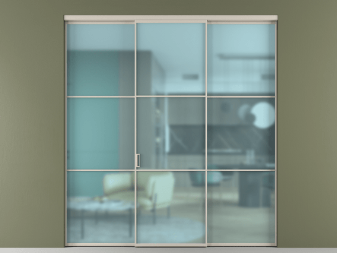 Перегородка Формато внутри проёма 3 створки АЛПР 040.03 Алюминий светло-бежевый Сатинированное голубое стекло, триплекс Цена 48166830 so'm | Volhovec