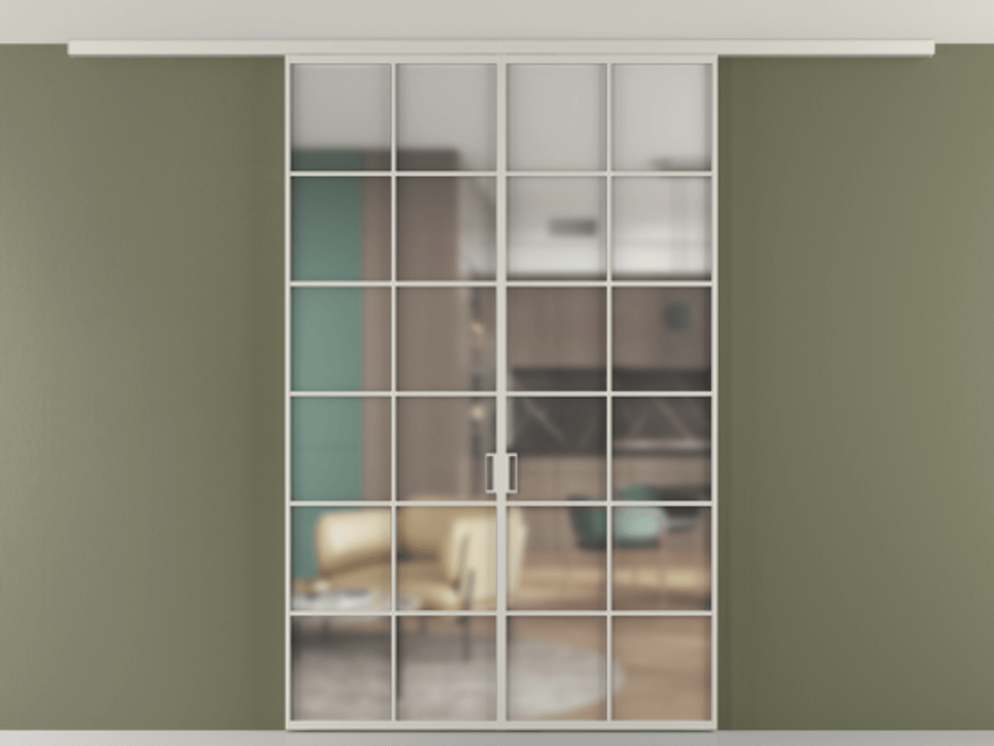 Перегородка Формато вдоль стены на потолок 2 створки АЛПР 040.05 Алюминий тёплый серый Сатинированное стекло "Мателюкс Кристал Вижн", калёное, матовое, каленое 6 мм Цена 52999240 so'm | Volhovec