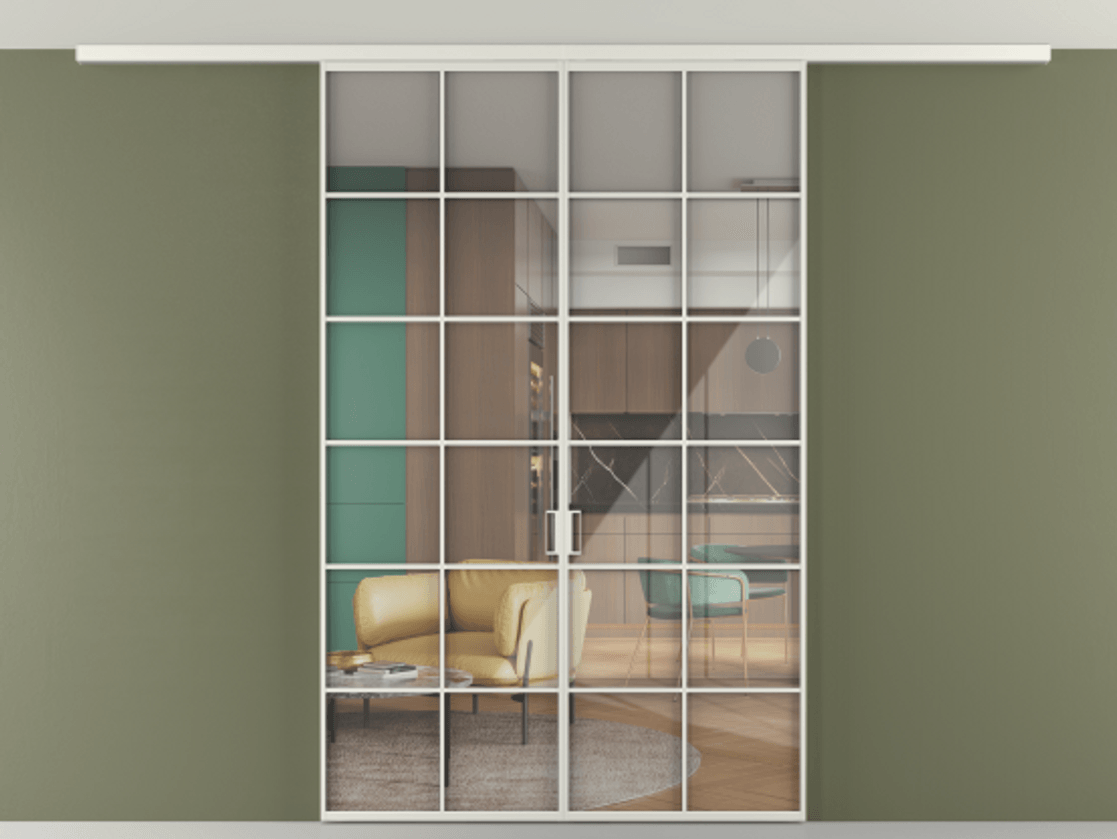 Перегородка Формато вдоль стены на потолок 2 створки АЛПР 040.05 Алюминий серый Рефлективное прозрачное стекло "Стопсол", калёное Цена 44945010 so'm | Volhovec