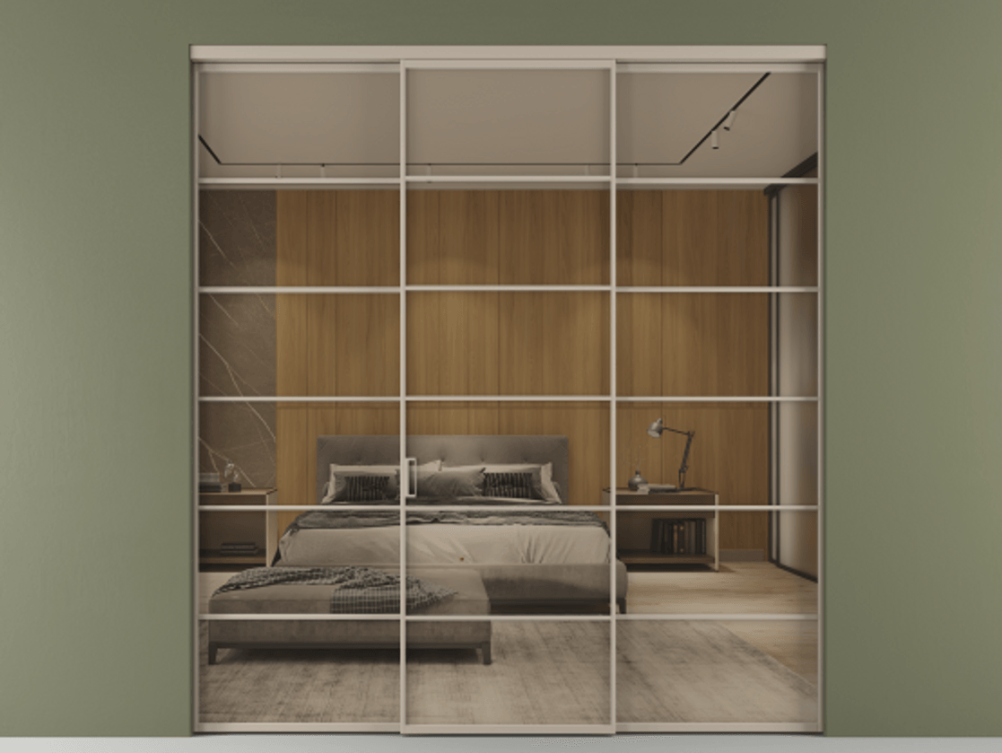 Перегородка Формато внутри проёма 3 створки АЛПР 040.04 Алюминий бисквитный Рефлективное бронзовое стекло "Стопсол", калёное Цена 69223000 so'm | Volhovec