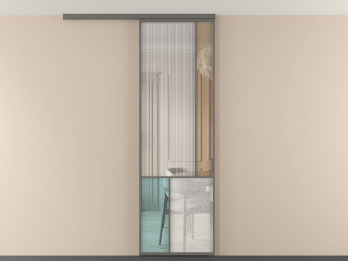 Перегородка Мозаик вдоль стены на потолок 1 створка АЛПР 041.21 Алюминий классический серый Комбинация стекол Группы 1 и Группы 3 Цена 28631120 so'm | Volhovec