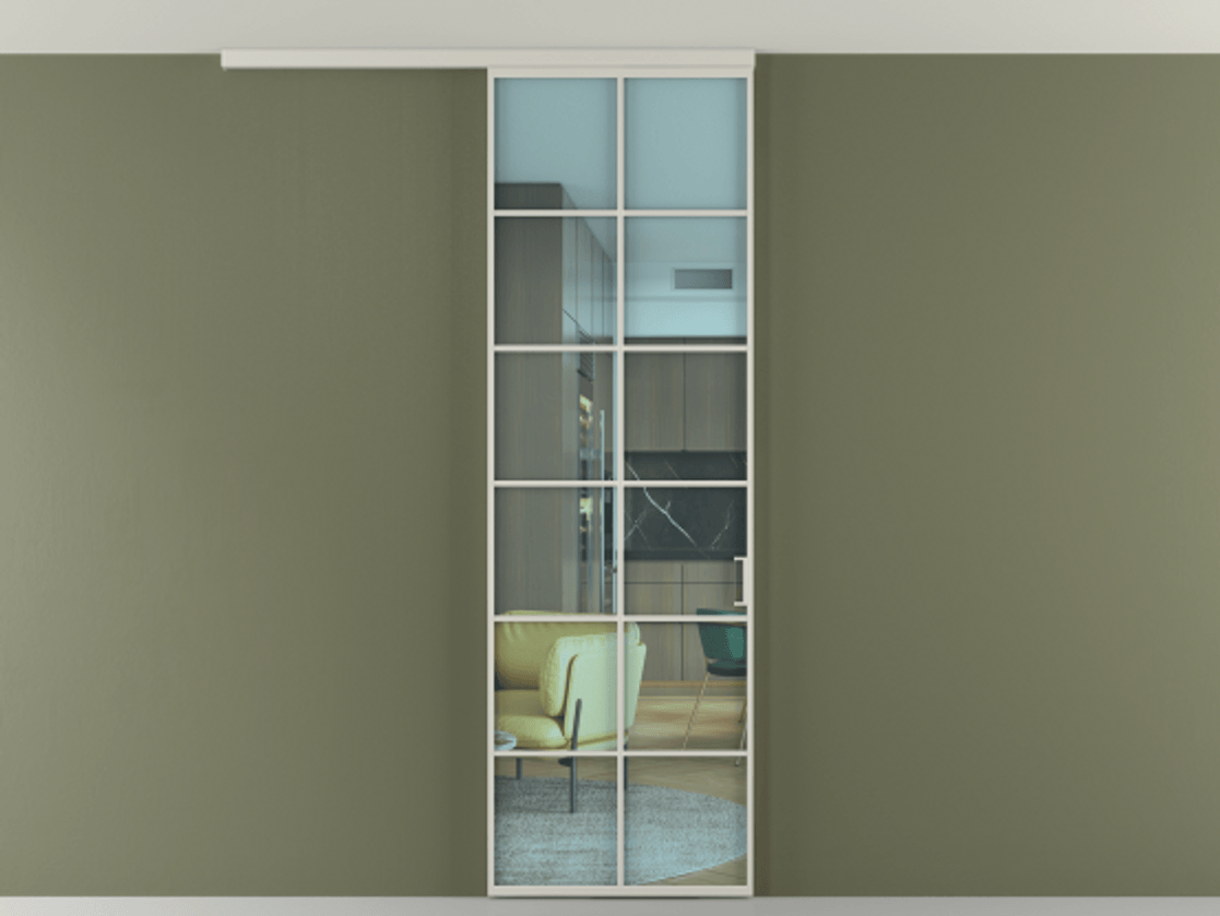 Перегородка Формато вдоль стены на потолок 1 створка АЛПР 040.05 Алюминий тёплый серый Прозрачное голубое стекло, триплекс Цена 20968450 so'm | Volhovec