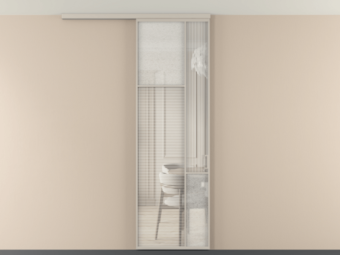 Перегородка Мозаик вдоль стены на потолок 1 створка АЛПР 041.10 Алюминий светло-бежевый Рифлёное стекло "Дюна", триплекс, 6 мм + Фактурное стекло "Лёд", триплекс Цена 29037120 so'm | Volhovec