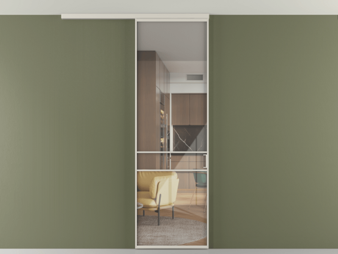 Перегородка Формато вдоль стены на потолок 1 створка АЛПР 040.02 Алюминий облачно-серый Рефлективное прозрачное стекло "Стопсол", калёное Цена 21799760 so'm | Volhovec