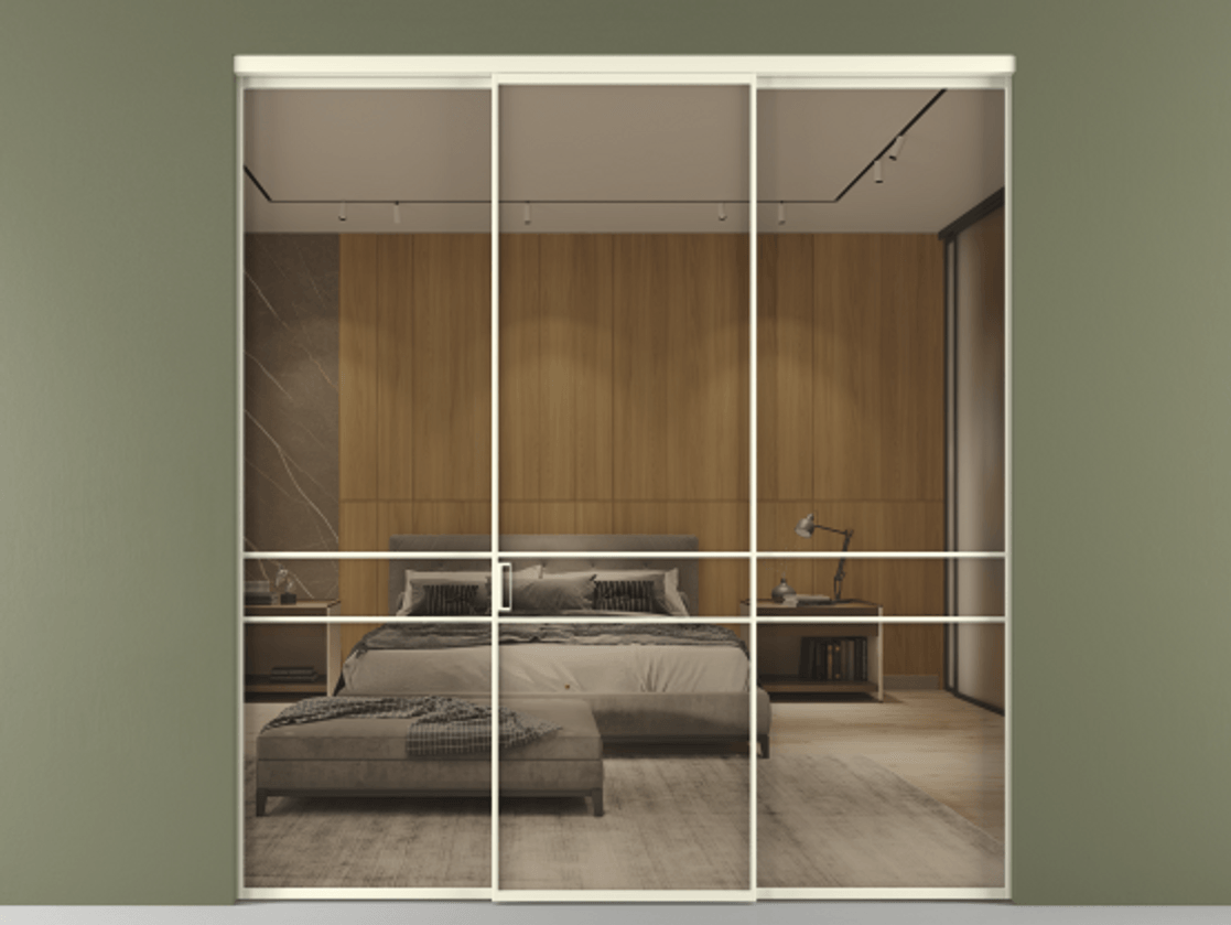 Перегородка Формато внутри проёма 3 створки АЛПР 040.02 Алюминий молочно-белый Рефлективное бронзовое стекло "Стопсол", калёное Цена 64472800 so'm | Volhovec