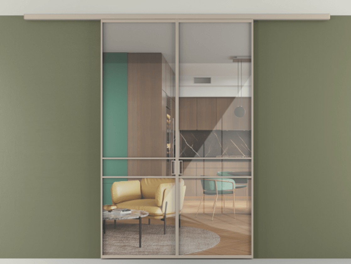 Перегородка Формато вдоль стены на потолок 2 створки АЛПР 040.02 Алюминий бисквитный Рефлективное прозрачное стекло "Стопсол", калёное Цена 42158230 so'm | Volhovec