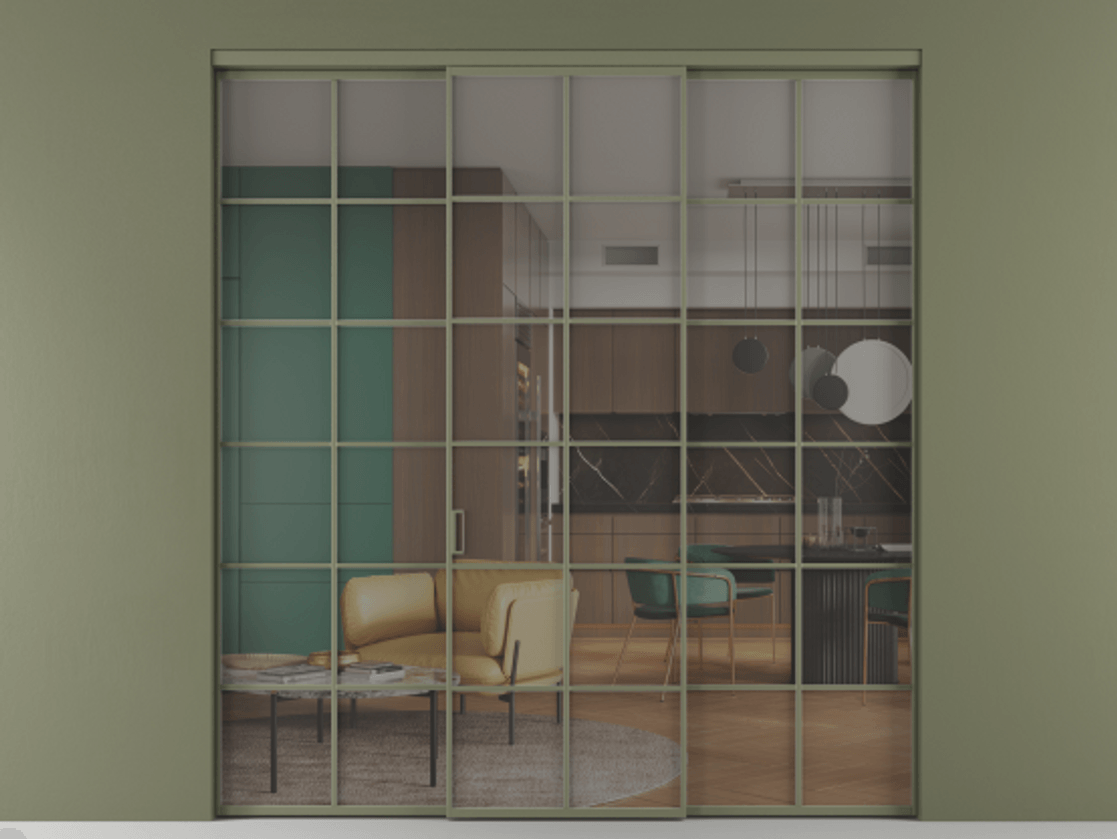 Перегородка Формато внутри проёма 3 створки АЛПР 040.05 Алюминий оливковый тёмный Прозрачное серое стекло, триплекс Цена 51729480 so'm | Volhovec