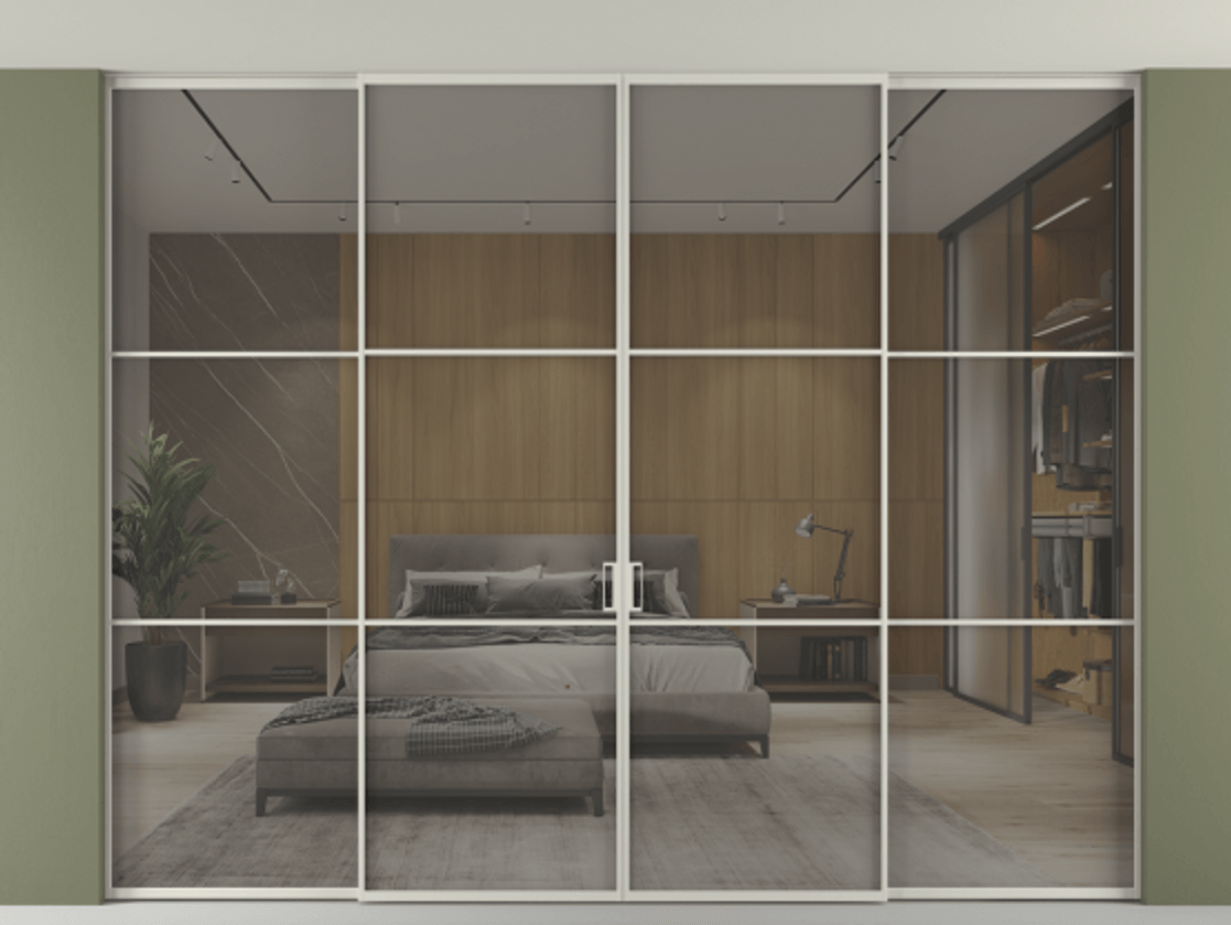 Перегородка Формато внутри проёма скрытое крепление в потолок 4 створки АЛПР 040.03 Алюминий тёплый серый Рефлективное серое стекло "Стопсол", калёное Цена 555140 ₽ | Volhovec