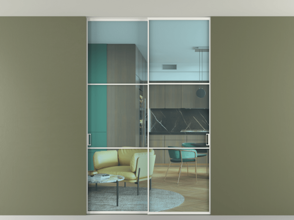 Перегородка Формато внутри проёма скрытое крепление в потолок 2 створки АЛПР 040.03 Алюминий светло-серый Прозрачное голубое стекло, триплекс Цена 50387650 so'm | Volhovec