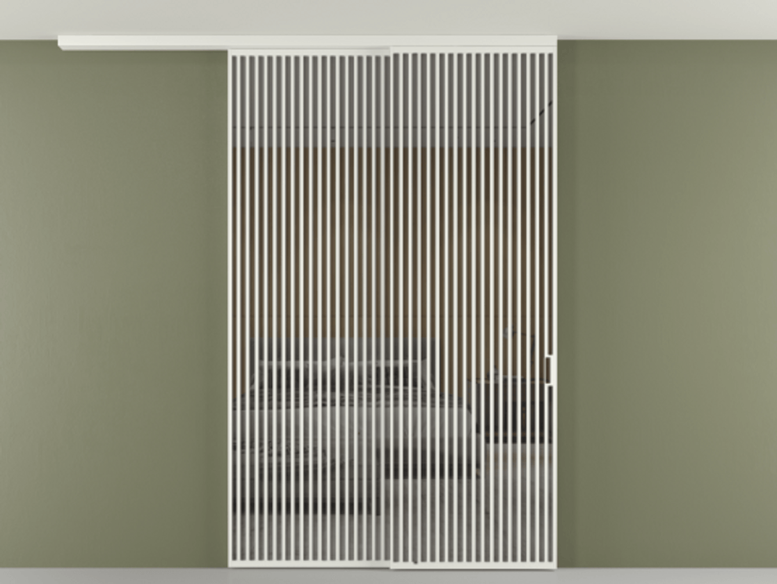 Перегородка Формато вдоль стены на потолок 2 створки с синхронным механизмом АЛПР 040.06 Алюминий светло-серый Рефлективное серое стекло "Стопсол", калёное Цена 110151860 so'm | Volhovec