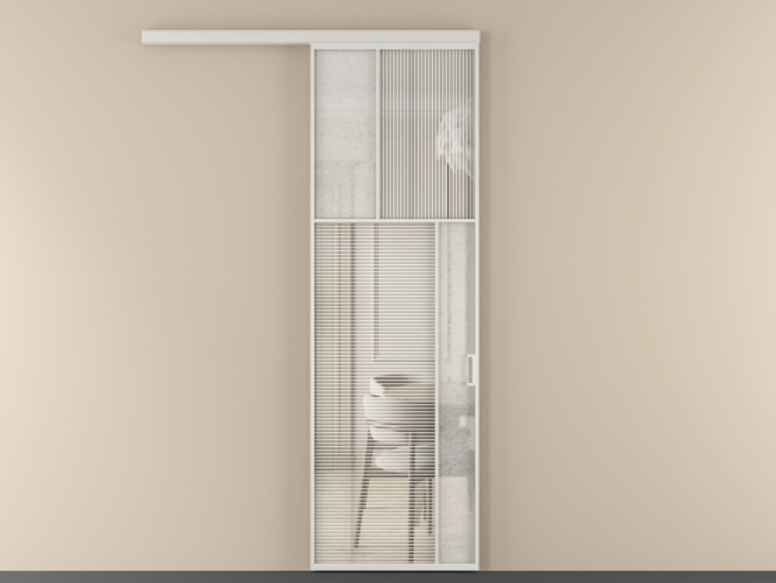 Перегородка Mosaic вдоль стены 1 створка АЛПР 041.23 Алюминий Белый Рифлёное стекло "Дюна", триплекс, 6 мм + Фактурное стекло "Лёд", триплекс Цена 28296170 so'm | Volhovec