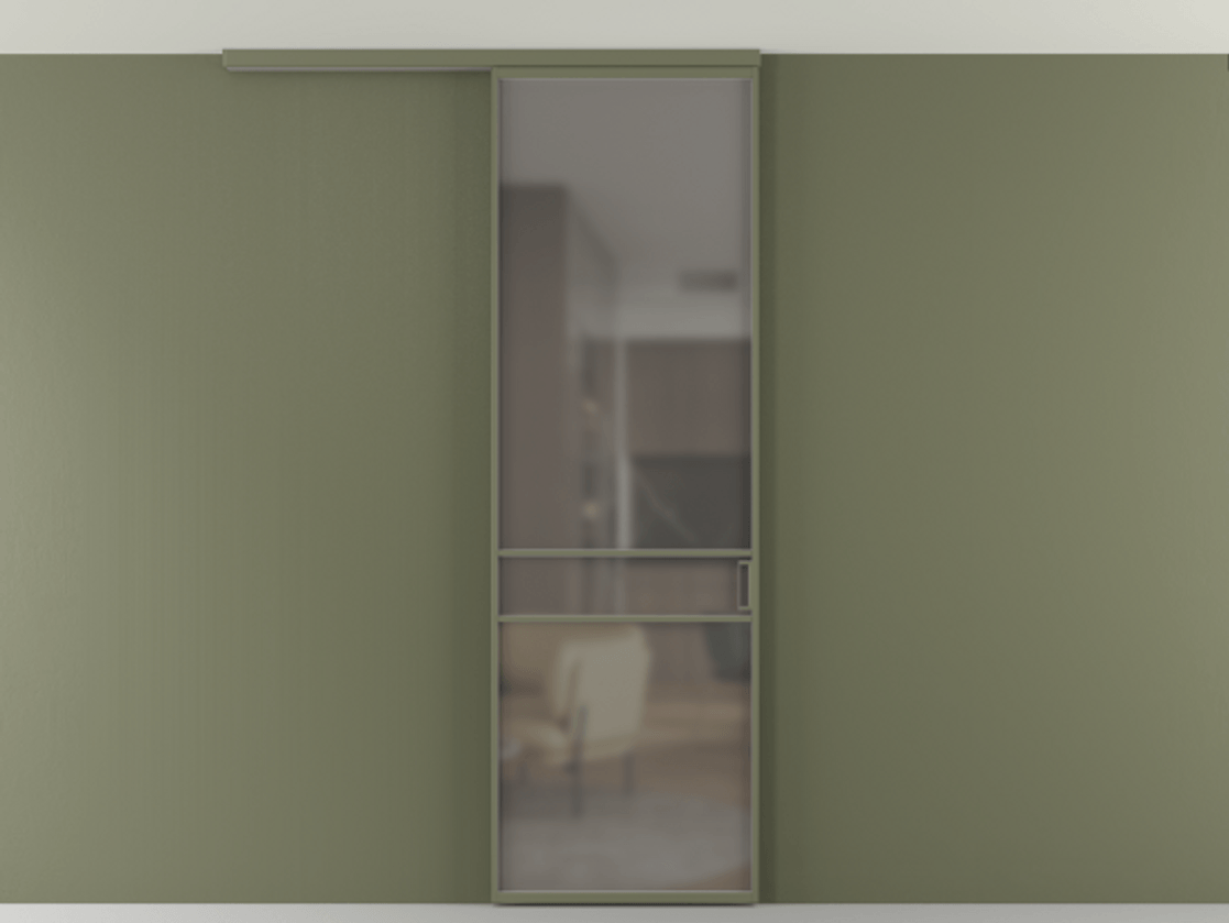 Перегородка Формато вдоль стены на потолок 1 створка АЛПР 040.02 Алюминий оливковый тёмный Сатинированное серое стекло, триплекс Цена 19662170 so'm | Volhovec