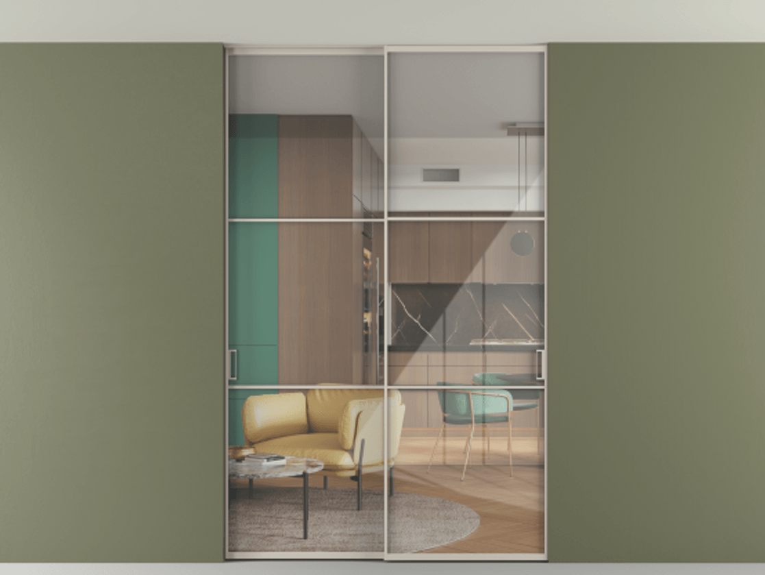 Перегородка Формато внутри проёма скрытое крепление в потолок 2 створки АЛПР 040.03 Алюминий светло-бежевый Рефлективное прозрачное стекло "Стопсол", калёное Цена 62020560 so'm | Volhovec