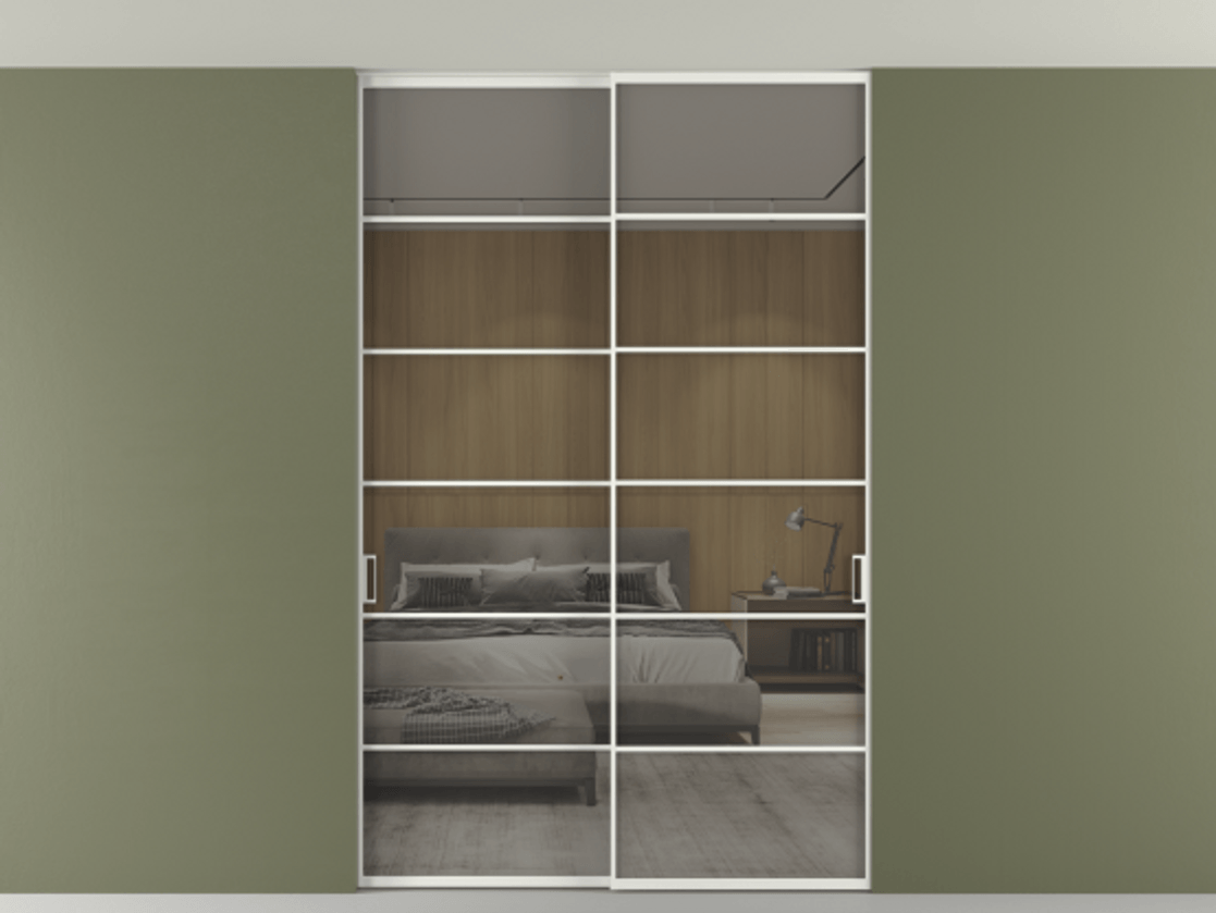 Перегородка Формато внутри проёма скрытое крепление в потолок 2 створки АЛПР 040.04 Алюминий светло-серый Рефлективное серое стекло "Стопсол", калёное Цена 65504040 so'm | Volhovec