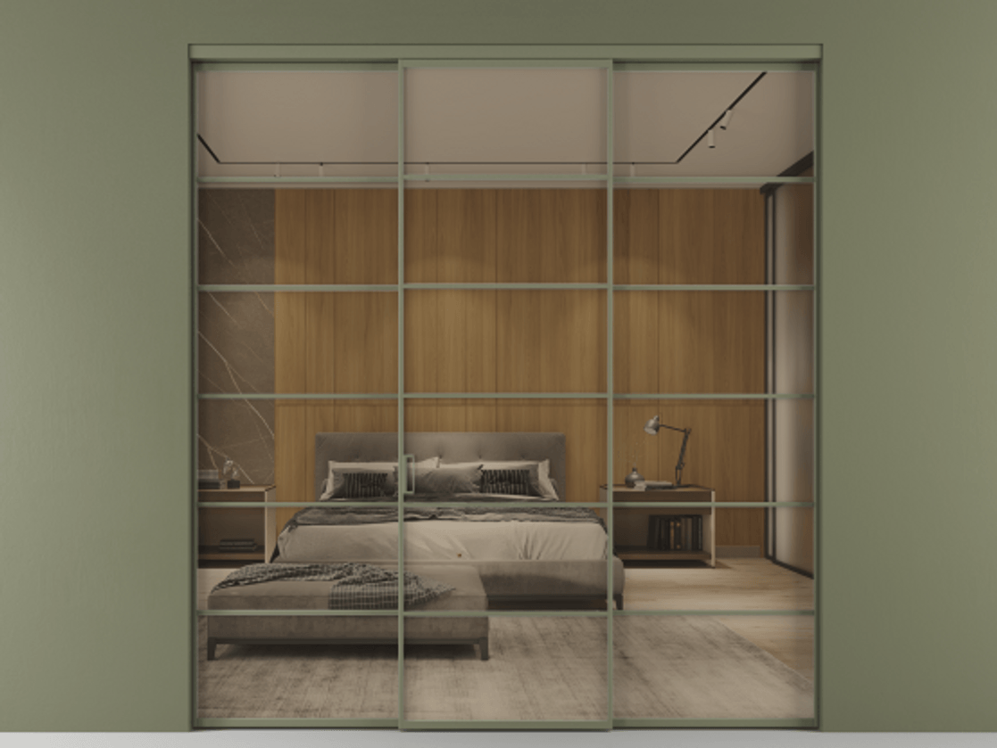 Перегородка Формато внутри проёма 3 створки АЛПР 040.04 Алюминий оливковый тёмный Рефлективное бронзовое стекло "Стопсол", калёное Цена 69223000 so'm | Volhovec