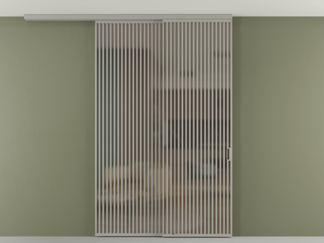 Перегородка Формато вдоль стены на потолок 2 створки с синхронным механизмом АЛПР 040.06 Алюминий нейтральный серый Сатинированное бронзовое стекло, триплекс Цена 91442570 so'm | Volhovec