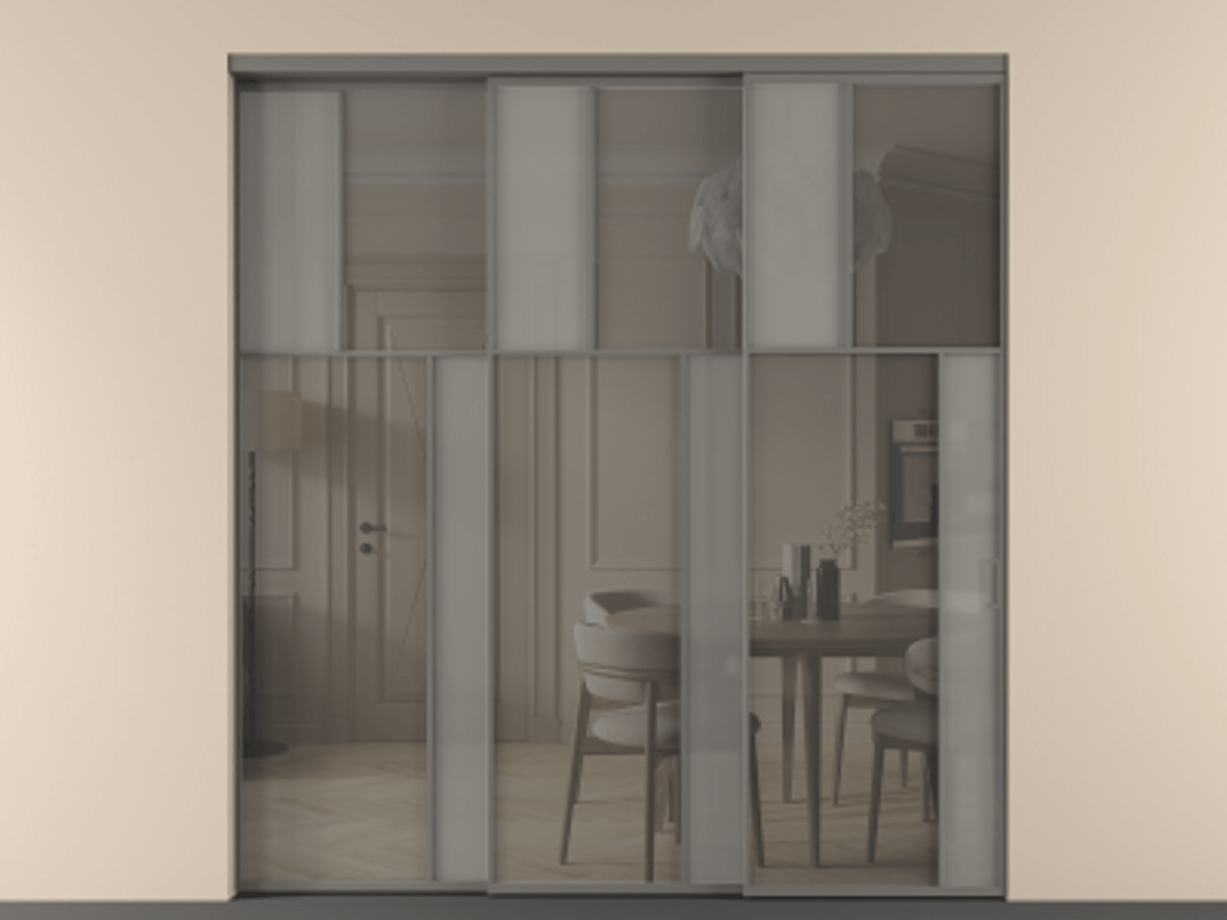 Перегородка Мозаик внутри проёма 3 створки с синхронным механизмом АЛПР 041.23 Алюминий классический серый Сатинированное серое стекло, триплекс, 6 мм + Прозрачное серое стекло, триплекс Цена 88790170 so'm | Volhovec