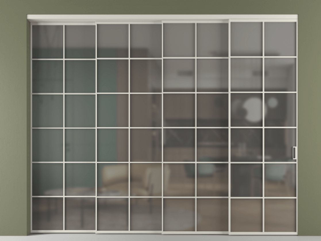 Перегородка Формато внутри проёма 4 створки с синхронным механизмом АЛПР 040.05 Алюминий тёплый серый Сатинированное серое стекло, триплекс Цена 99202040 so'm | Volhovec