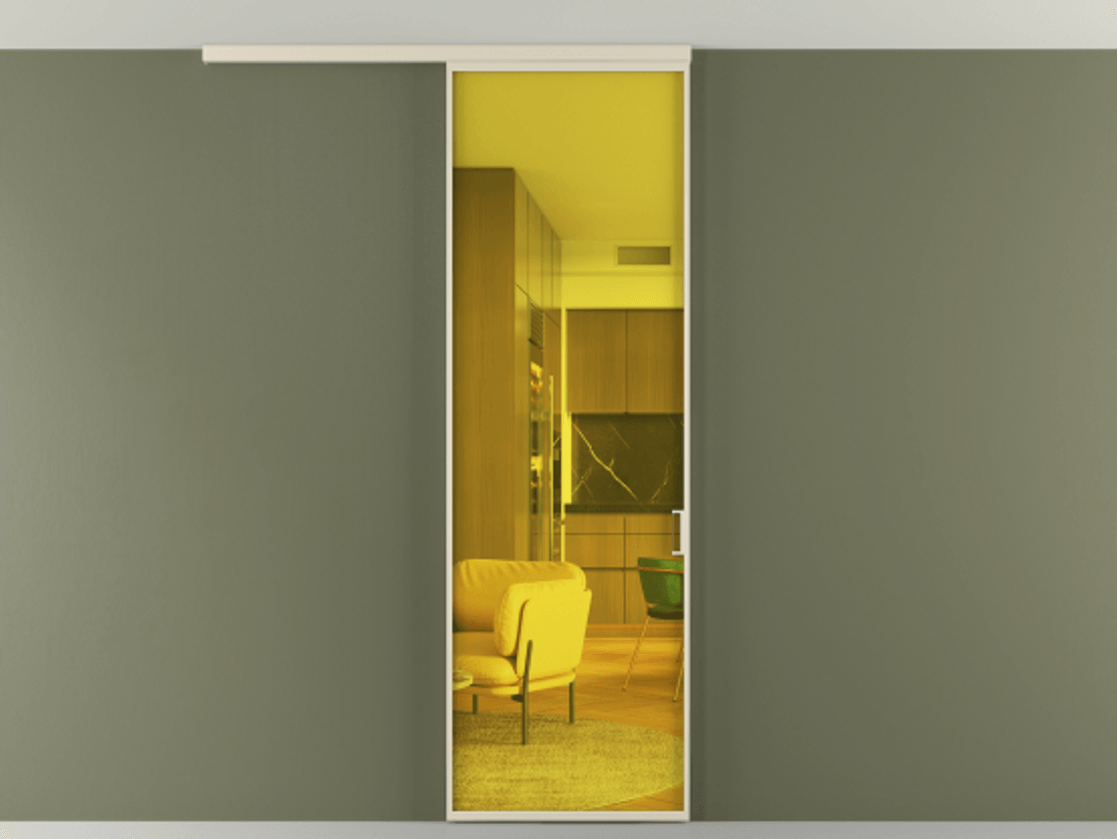 Перегородка Formato вдоль стены на потолок 1 створка АЛПР 040.01 Алюминий бежево-серый Прозрачное жёлтое стекло, триплекс Цена 19535850 so'm | Volhovec