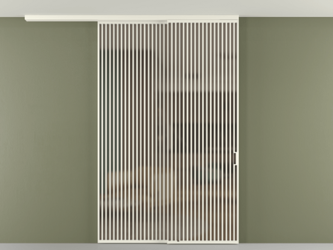 Перегородка Формато вдоль стены на потолок 2 створки с синхронным механизмом АЛПР 040.06 Алюминий жемчужный Сатинированное бронзовое стекло, триплекс Цена 91442570 so'm | Volhovec